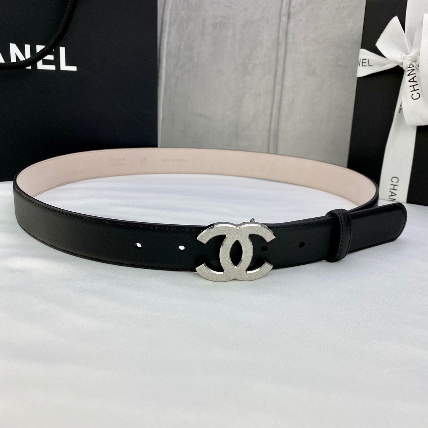 CHANEL DOUBLE C BELT 30MM IN BLACK CALFSKIN METAL BUCKLE