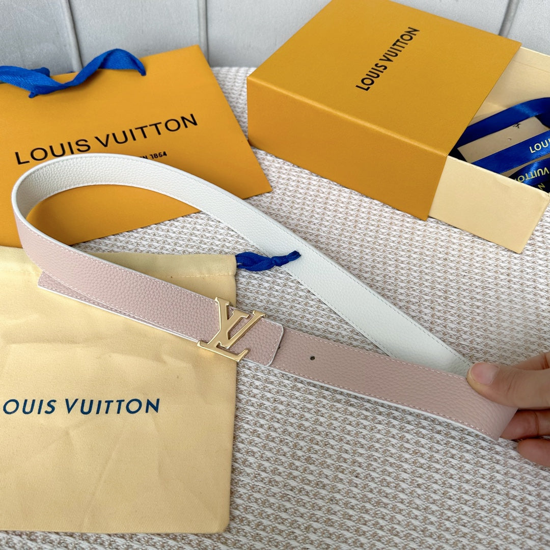 LOUIS VUITTON LV Initiales 30mm Reversible Belt Gold Buckle Pink White Leather
