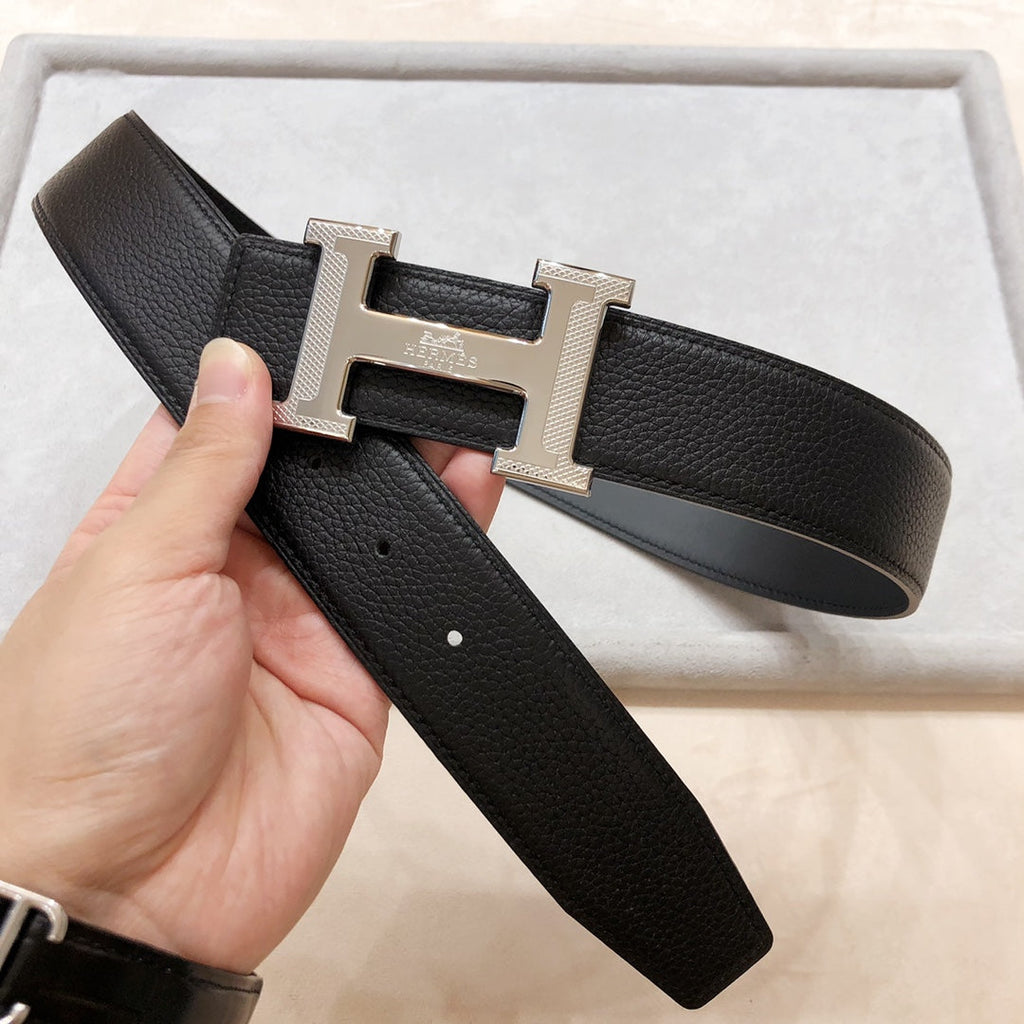 HERMES BELT BUCKLE & REVERSIBLE BLACK LEATHER STRAP 38 MM SILVER HARDWARE