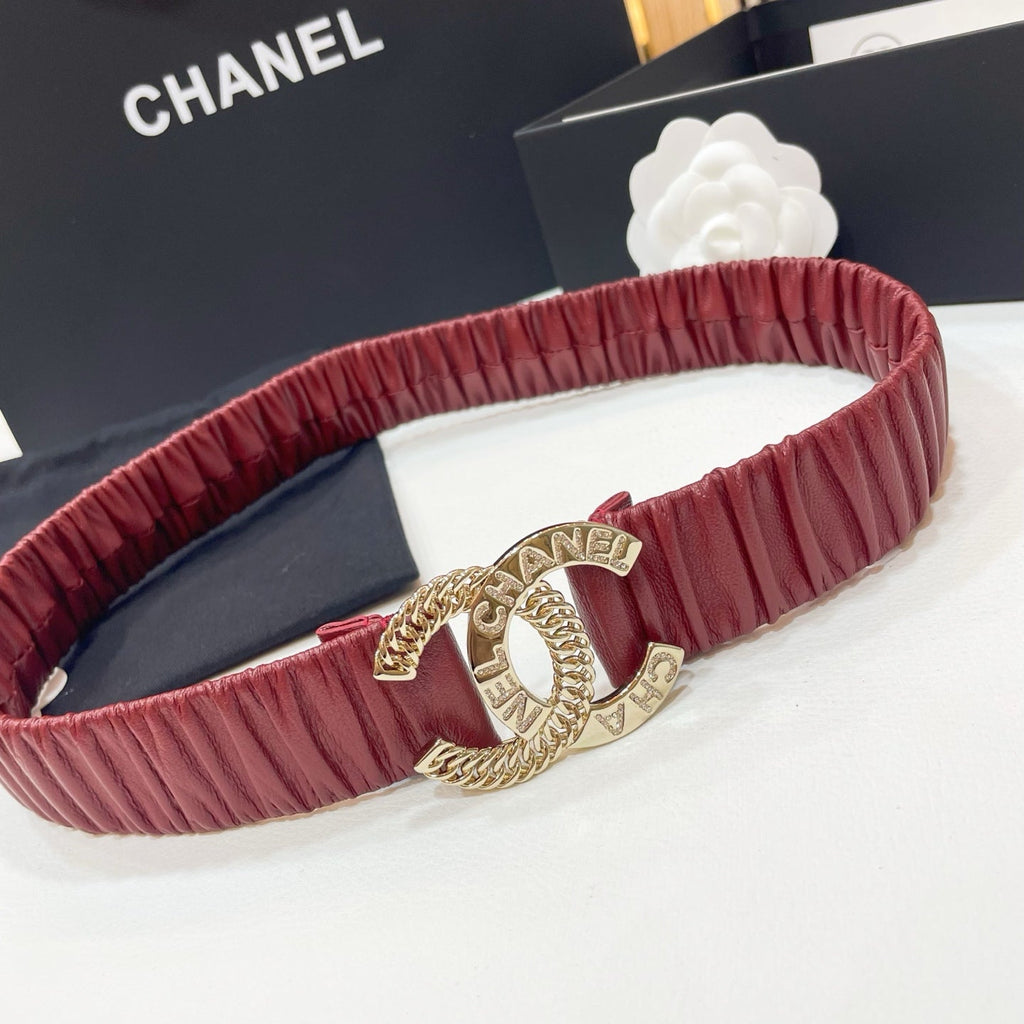 CHANEL DOUBLE 30MM STRETCH BELT IN RED CALFSKIN GOLD CHAIN BUCKLE CRYSTAL LOGO