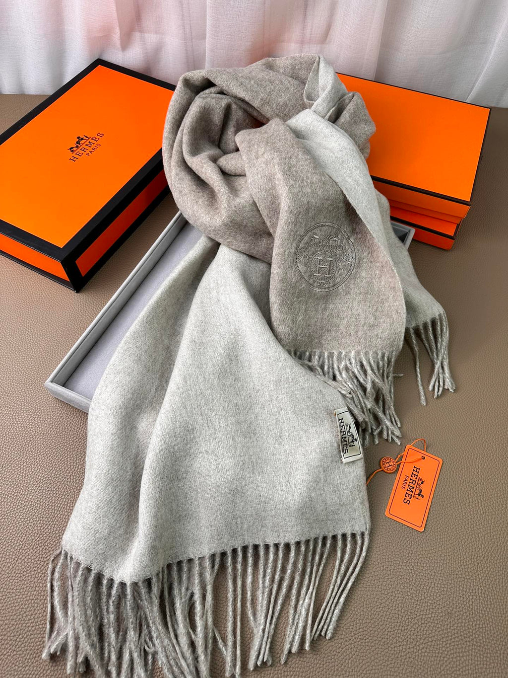 HERMES DOUBLE-FACE SCARF 200 CM IN GREY CASERE