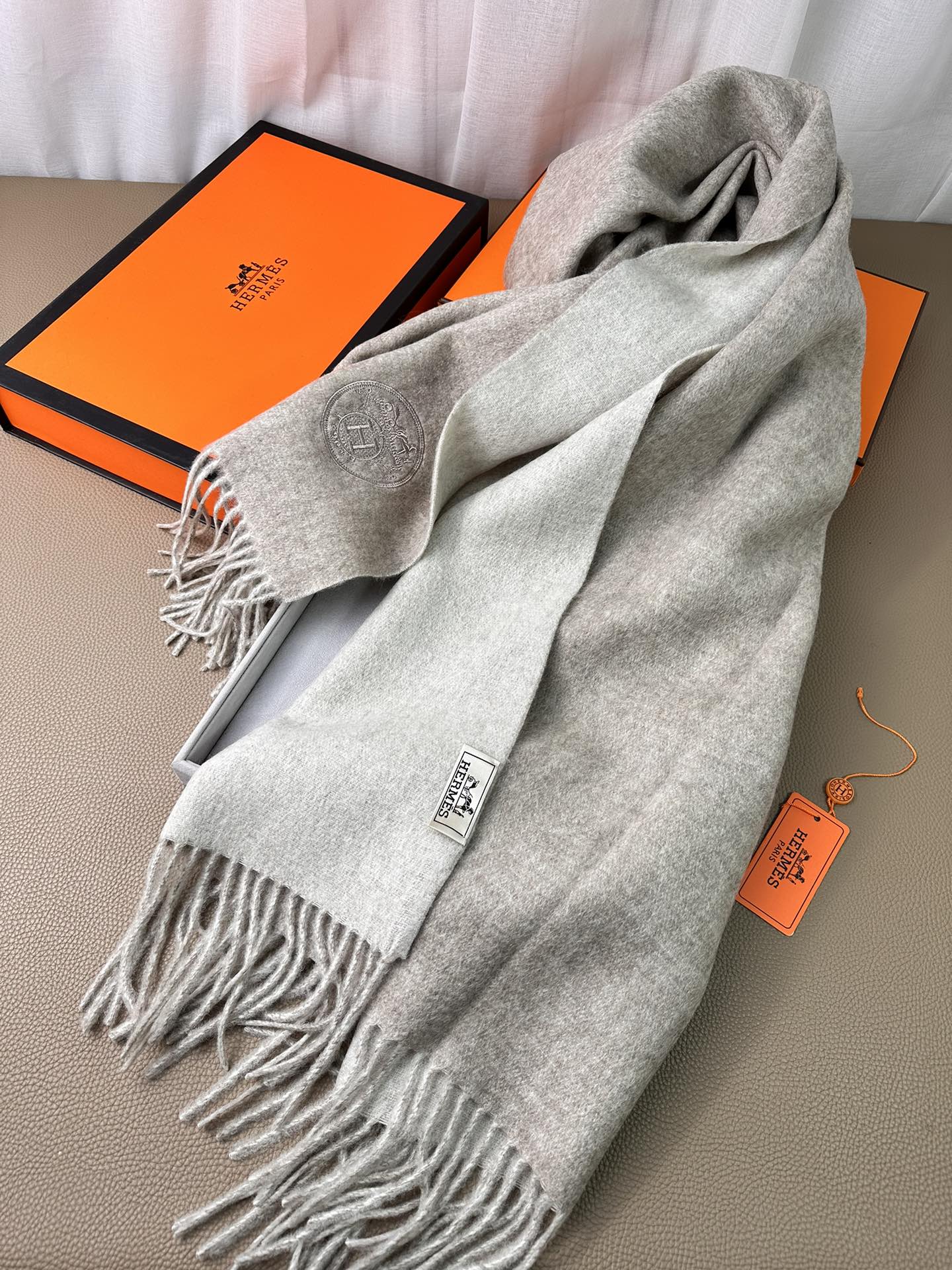 HERMES DOUBLE-FACE SCARF 200 CM IN GREY CASERE