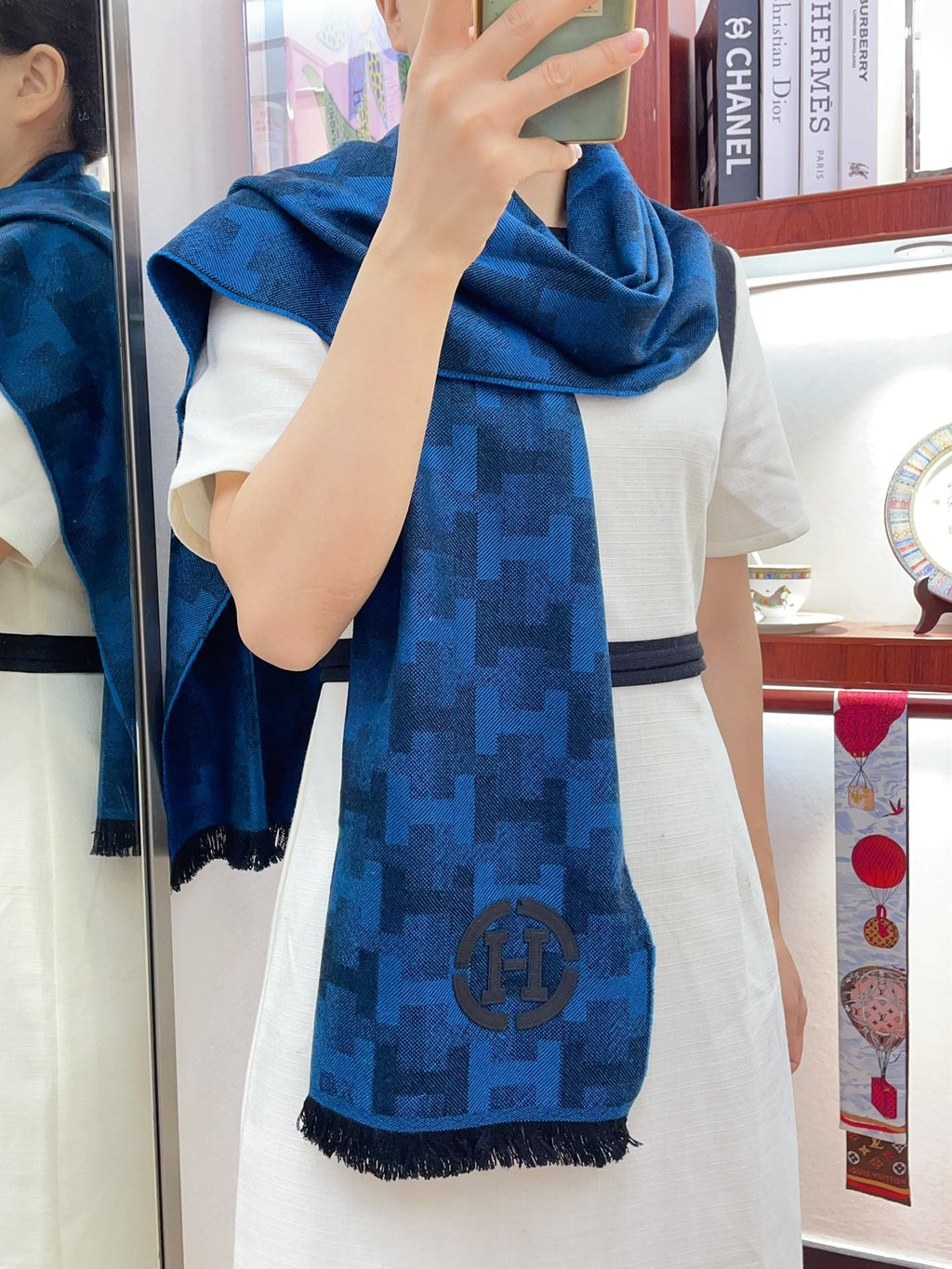HERMES SCARF 200 CM IN COBALT BLUE MONOGRAM CASERE
