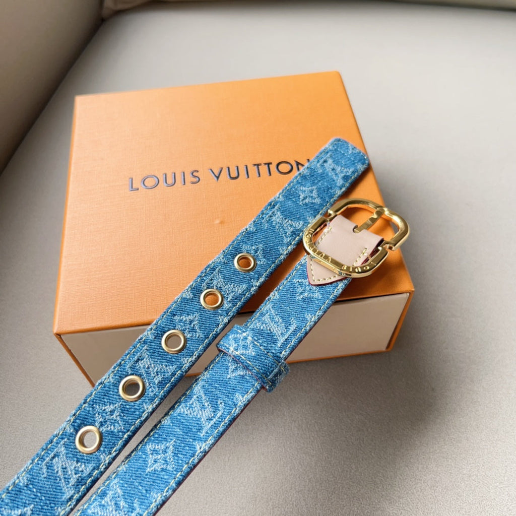 LOUIS VUITTON LV 30MM BELT LIGHT BLUE MONOGRAM DENIM GOLD HARDWARE