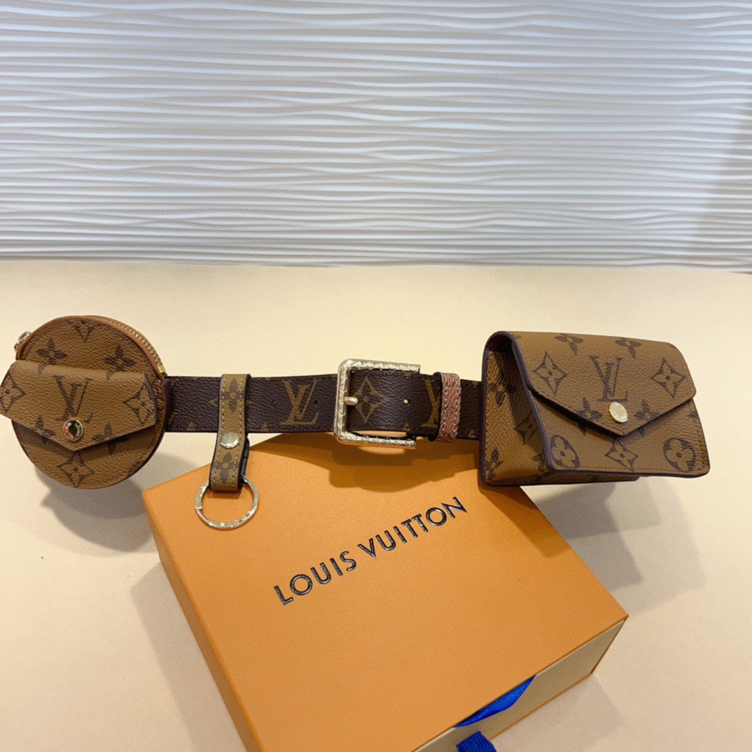 LOUIS VUITTON LV MULTI POCKET 30MM BELT IN CAMEL BROWN MONOGRAM CALFSKIN SILVER HARDWARE