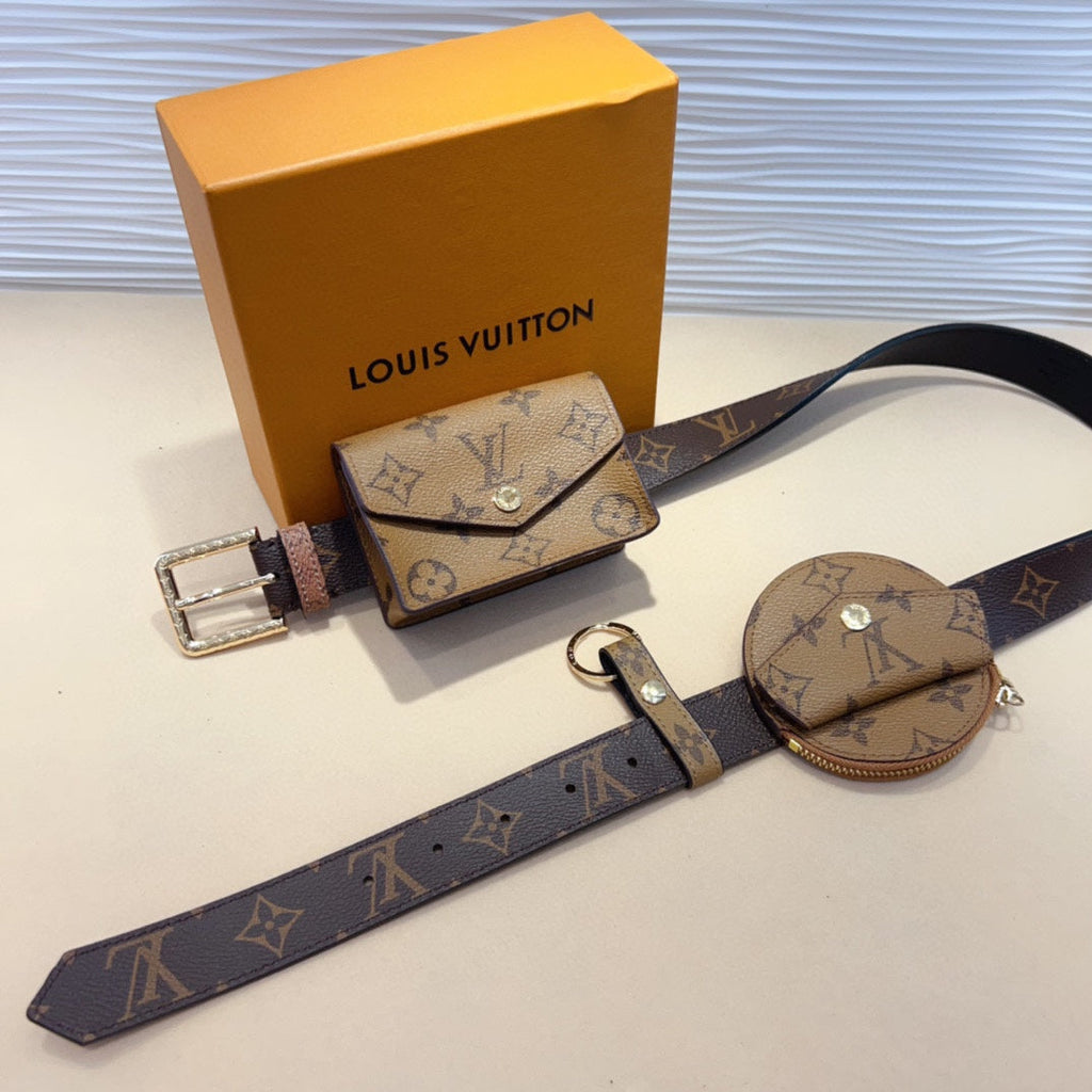 LOUIS VUITTON LV MULTI POCKET 30MM BELT IN CAMEL BROWN MONOGRAM CALFSKIN SILVER HARDWARE