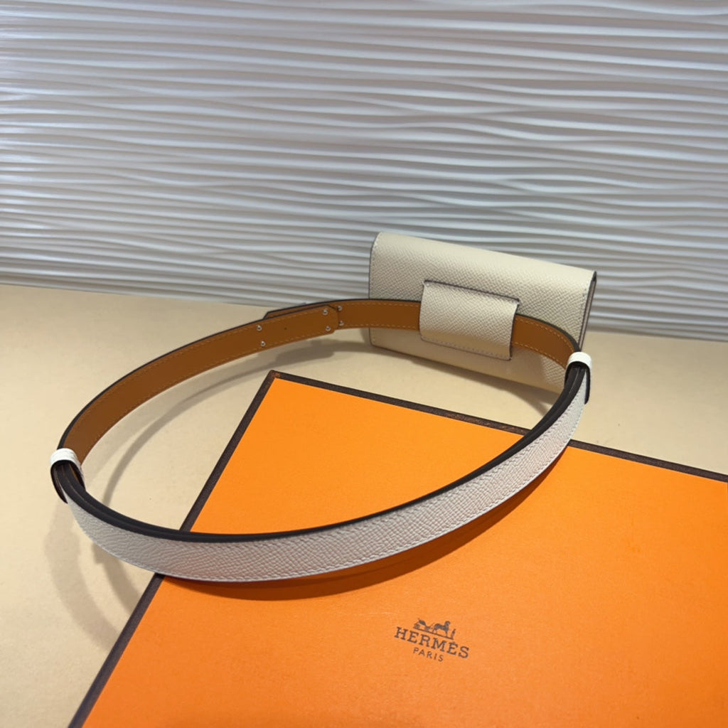 HERMES KELLY WHITE POCKET 18MM BELT LEATHER SILVER HARDWARE