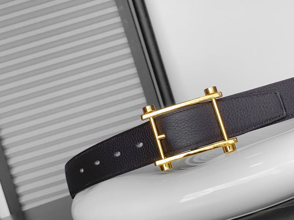 HERMES REVERSIBLE BLACK AND CHESTNUT BROWN LEATHER STRAP 32 MM GOLD HARDWARE