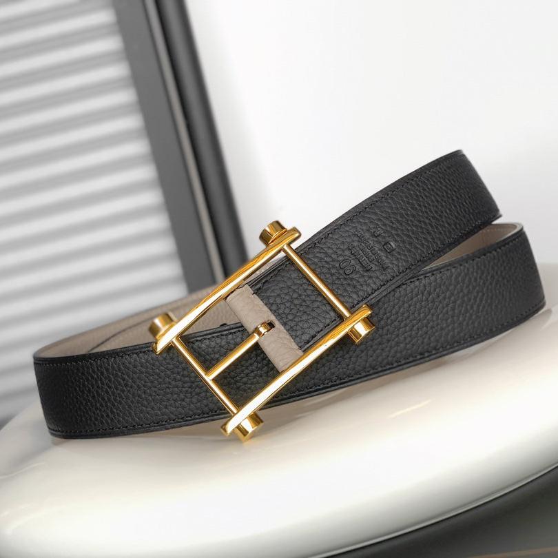 HERMES REVERSIBLE BLACK AND BLACK AND KHAKI BROWN LEATHER STRAP 32 MM GOLD HARDWARE