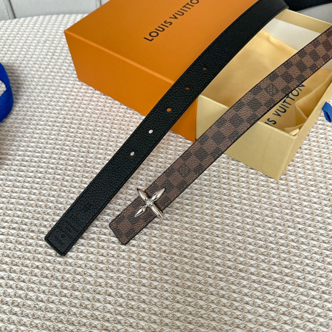 LOUIS VUITTON LV FLOWERGRAM 25 MM REVERSIBLE BELT IN BROWN DAMIER CALFSKIN SILVER HARDWARE