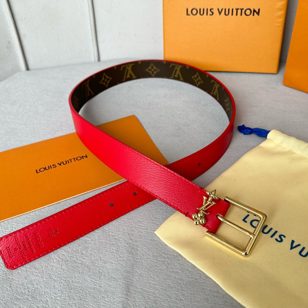 LOUIS VUITTON LV Bloom 30mm Belt Gold Buckle Red Brown Leather