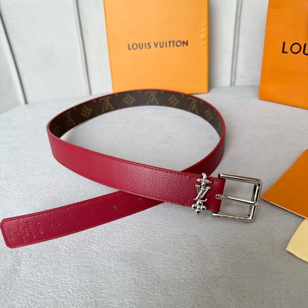 LOUIS VUITTON LV BLOOM 30MM BELT IN CHERRY RED CALFSKIN SILVER HARDWARE