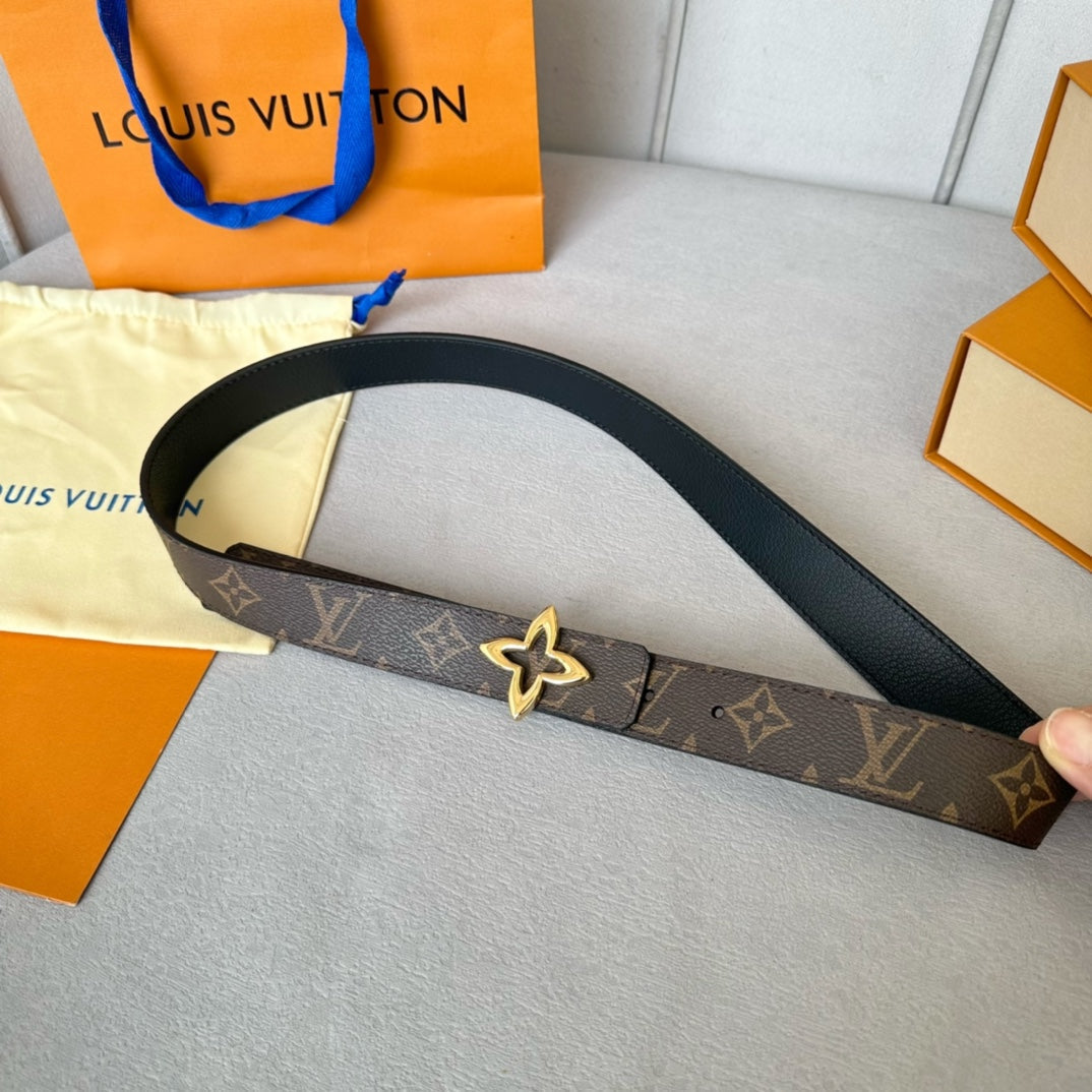 LOUIS VUITTON LV MINI FLOWERGRAM 30MM REVERSIBLE BELT IN BLACK CALFSKIN GOLD HARDWARE