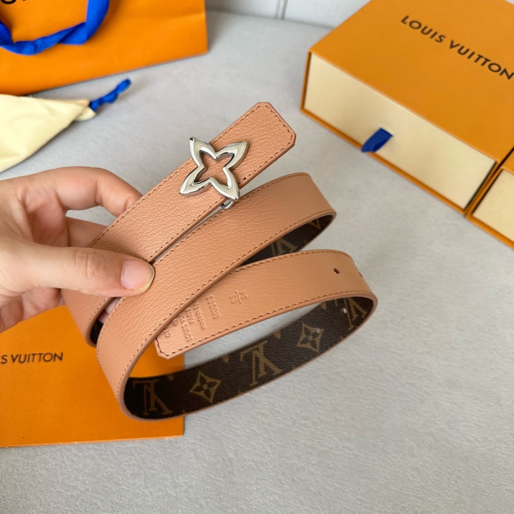 LOUIS VUITTON LV MINI FLOWERGRAM 30MM REVERSIBLE BELT IN BUFF BROWN CALFSKIN SILVER HARDWARE