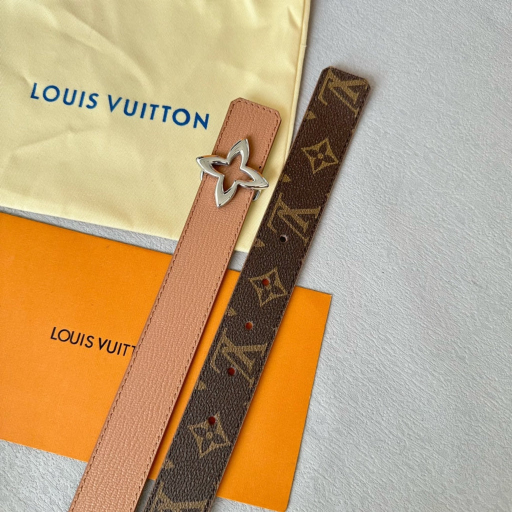 LOUIS VUITTON LV Flowergram 30mm Reversible Belt Silver Buckle Beige Brown Leather