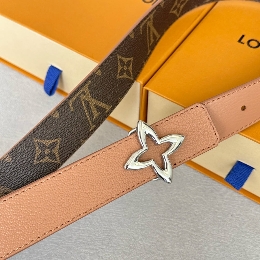 LOUIS VUITTON LV MINI FLOWERGRAM 30MM REVERSIBLE BELT IN BUFF BROWN CALFSKIN SILVER HARDWARE