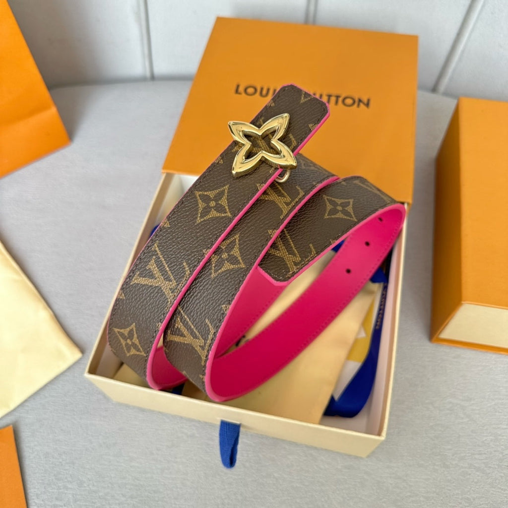 LOUIS VUITTON LV MINI FLOWERGRAM 30MM REVERSIBLE BELT IN BRIGHT PINK CALFSKIN GOLD HARDWARE