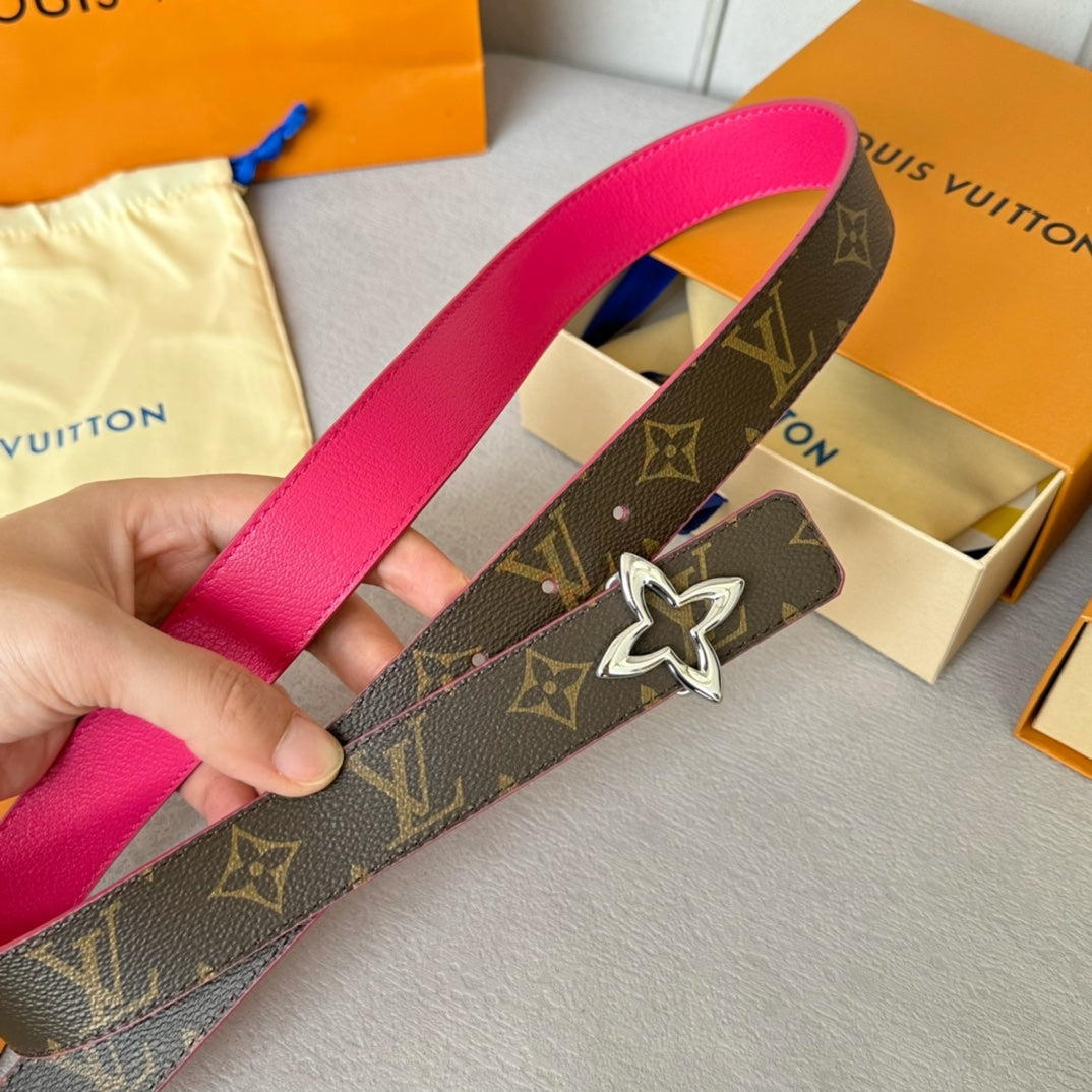 LOUIS VUITTON LV MINI FLOWERGRAM 30MM REVERSIBLE BELT IN BRIGHT PINK CALFSKIN SILVER HARDWARE