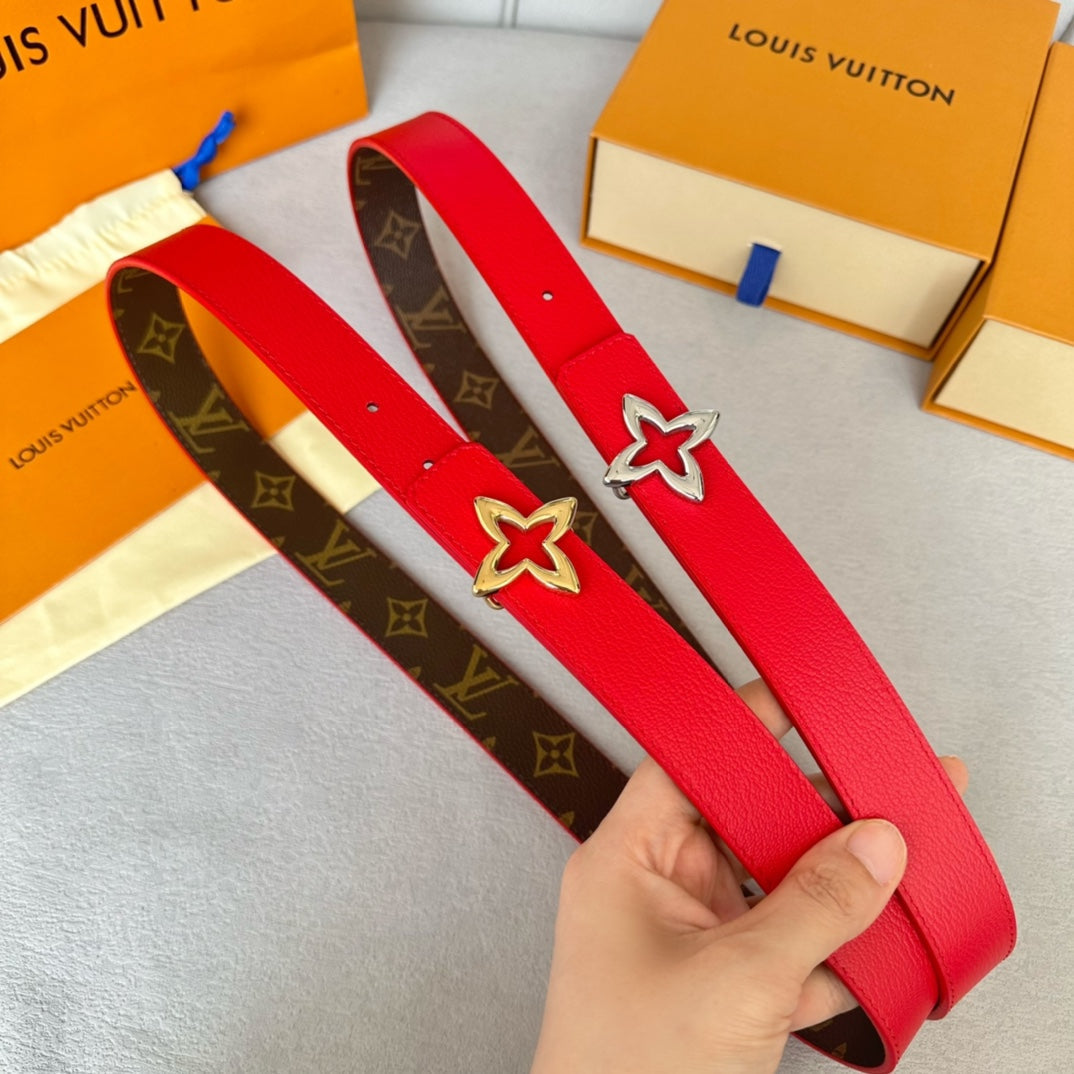 LOUIS VUITTON LV MINI FLOWERGRAM 30MM REVERSIBLE BELT IN CHERRY RED CALFSKIN SILVER HARDWARE