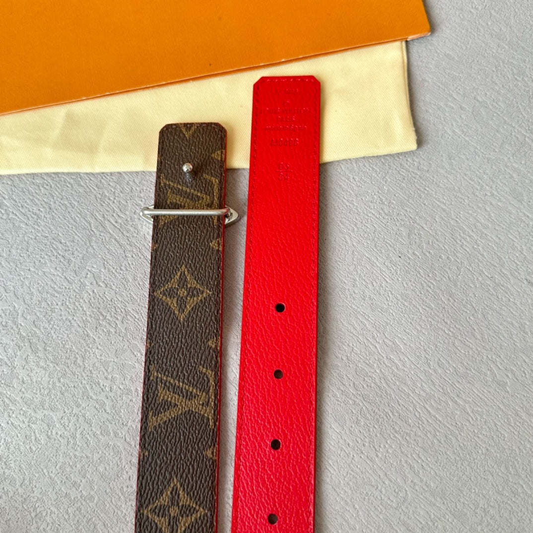 LOUIS VUITTON LV Flowergram 30mm Reversible Belt Silver Buckle Red Brown Leather
