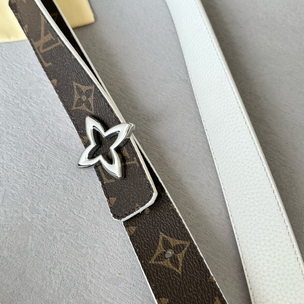 LOUIS VUITTON LV MINI FLOWERGRAM 30MM REVERSIBLE BELT IN WHITE CALFSKIN SILVER HARDWARE
