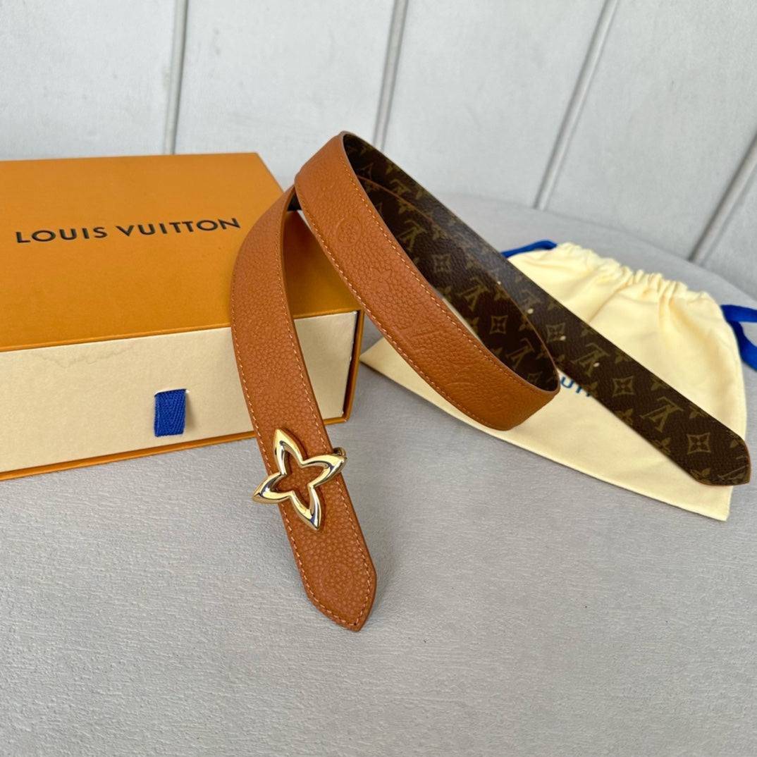 LOUIS VUITTON LV MINI FLOWERGRAM 30MM REVERSIBLE BELT IN BRONZE BROWN EMBOSSED CALFSKIN GOLD HARDWARE