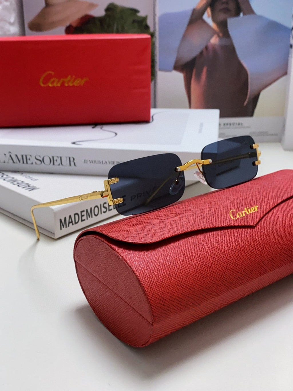 SANTOS RIMLESS RECTANGULAR FRAME SUNGLASSES 562068 IN METAL