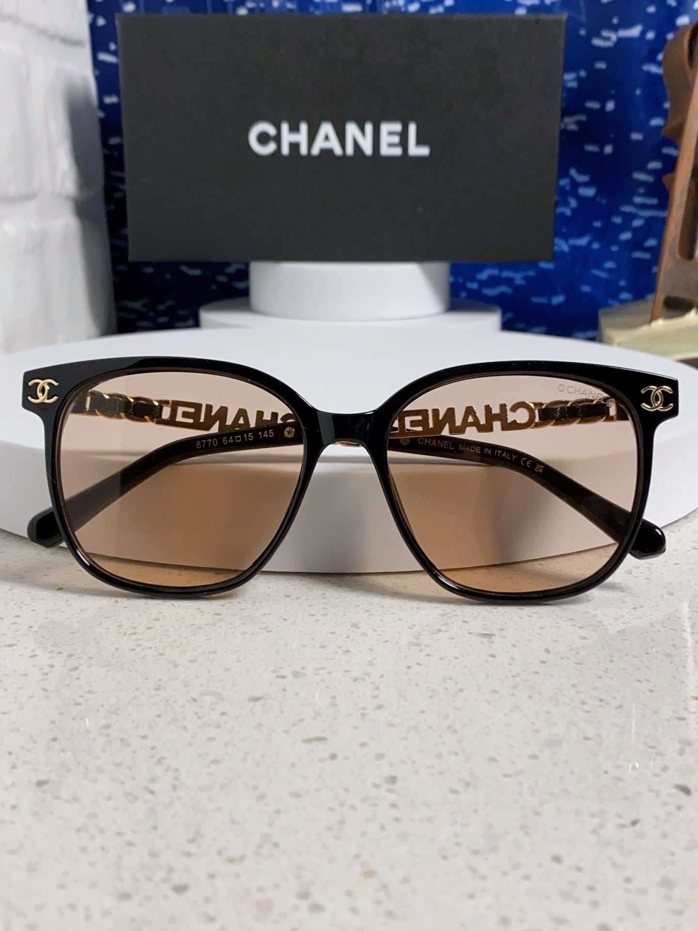 CHANEL SQUARE SUNGLASSES 632028 IN BLACK ACETATE LIGHT BROWN LENSES