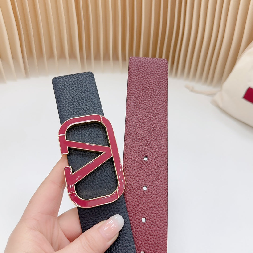 Vlogo Wine Gold Buckle Belt 40mm Wine Black Leather