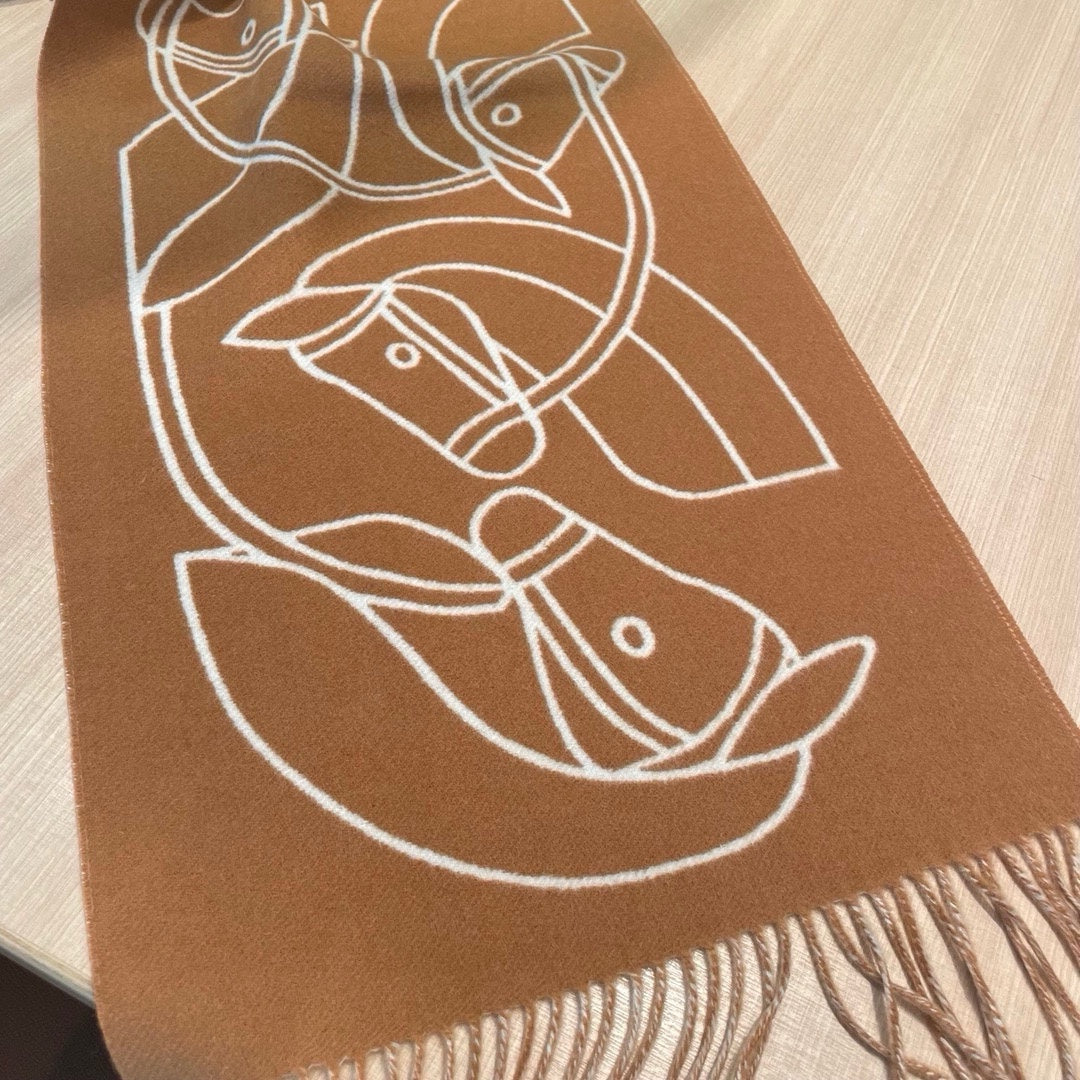 HERMES CASAQUE ENTRELACS EQUESTRES 190 CM SCARF IN COPPER BROWN CASERE
